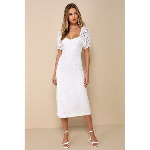 Lulus Darling Status White Eyelet Puff Sleeve Bustier Midi Dress - Size M